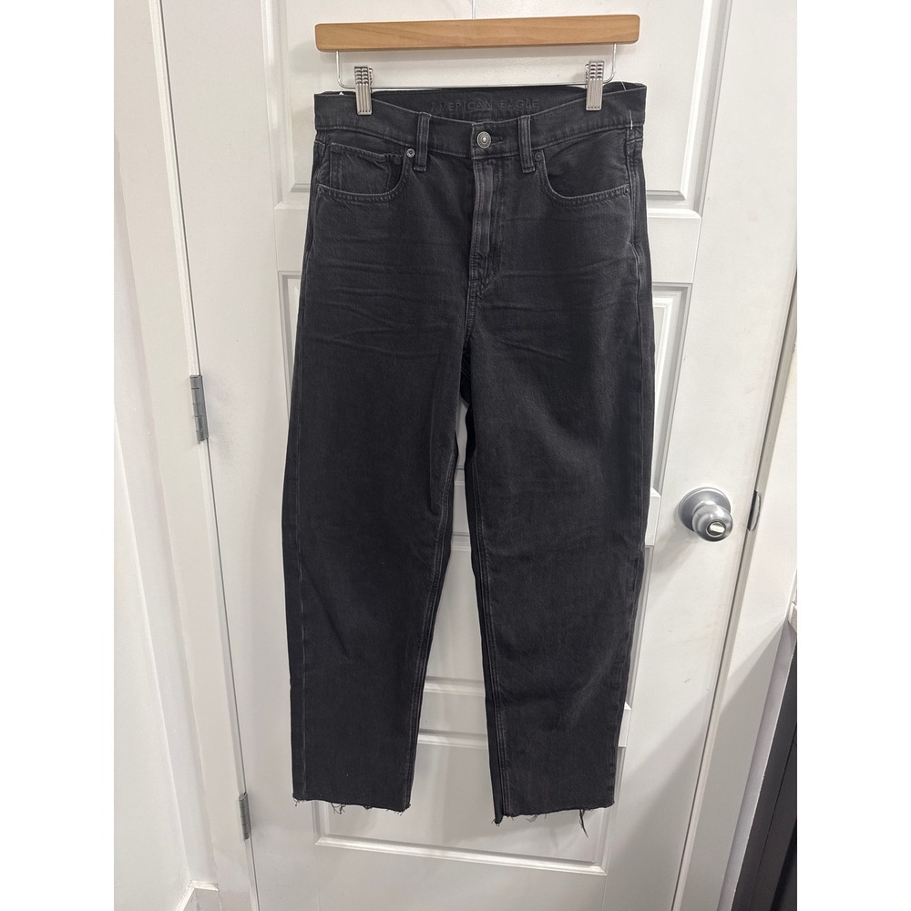 American Eagle Womens Super High-Rise Baggy Straight Jeans Black Raw Hem Size 2